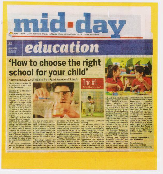 How to choose the right school for your child’ article on Ryan International School was featured in Mid Day - Ryan International School, Goregaon East