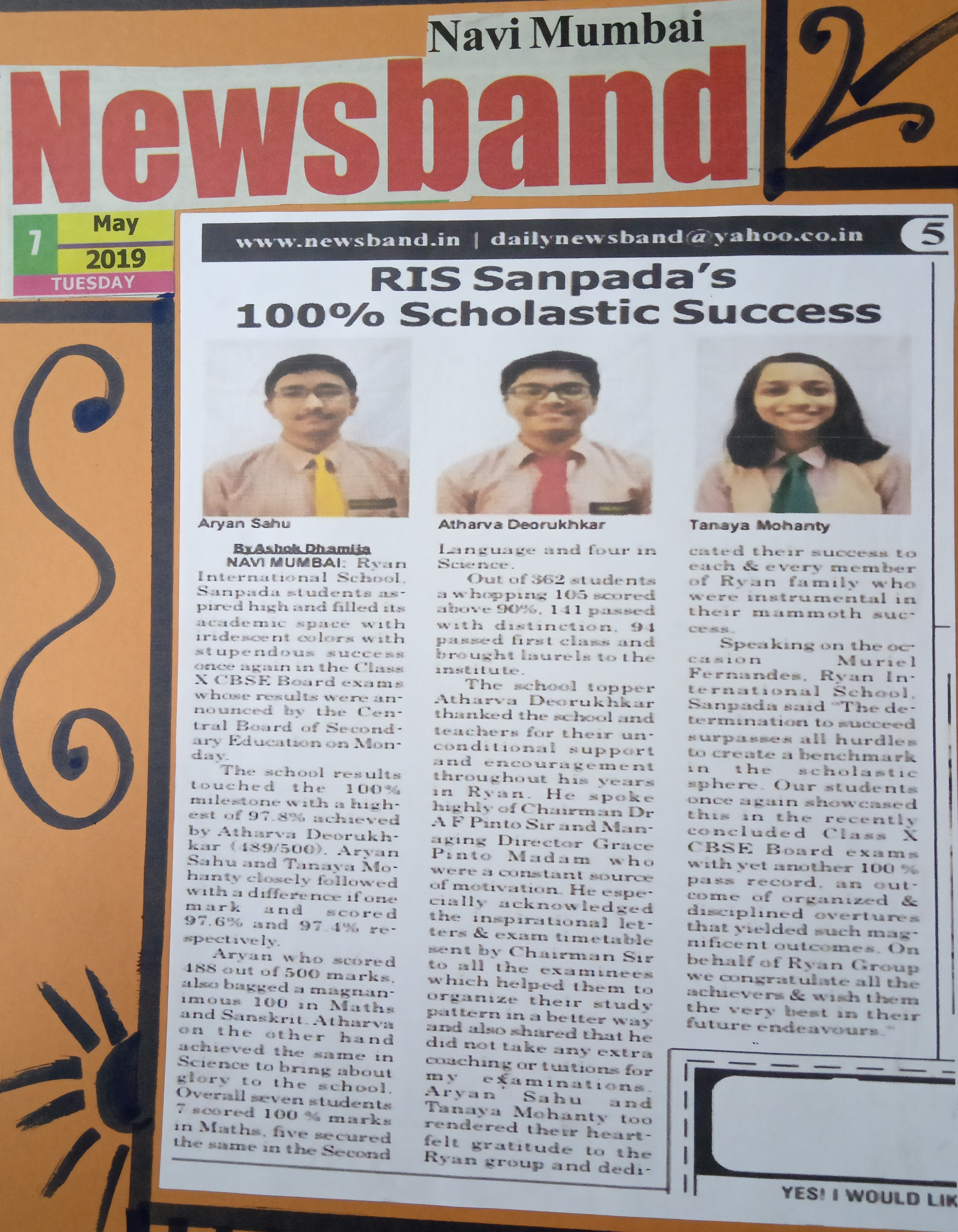 X Board Results was featured in Newsband - Ryan International School, Sanpada