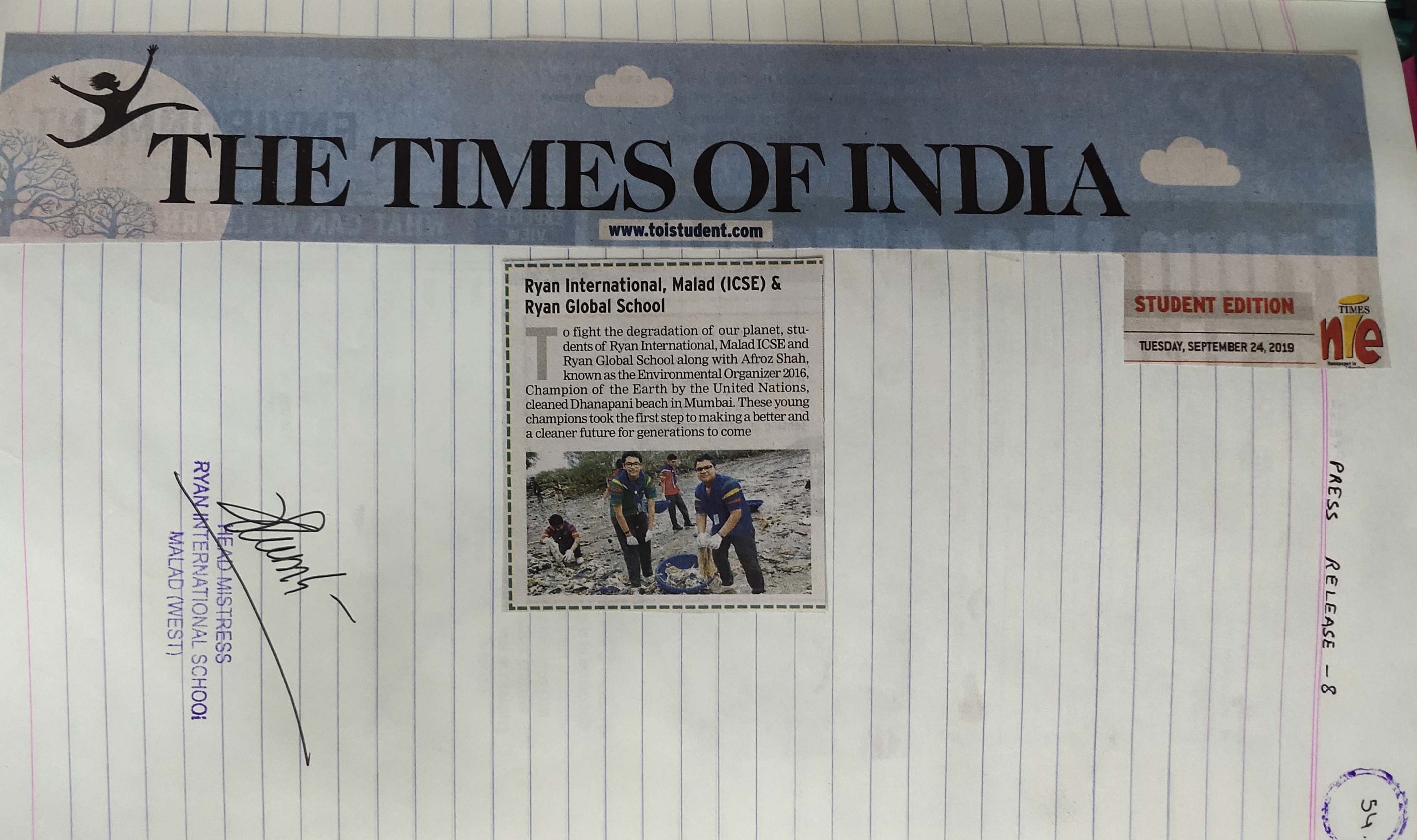 An article under the name “Beach Clean up” was published in the Times of India