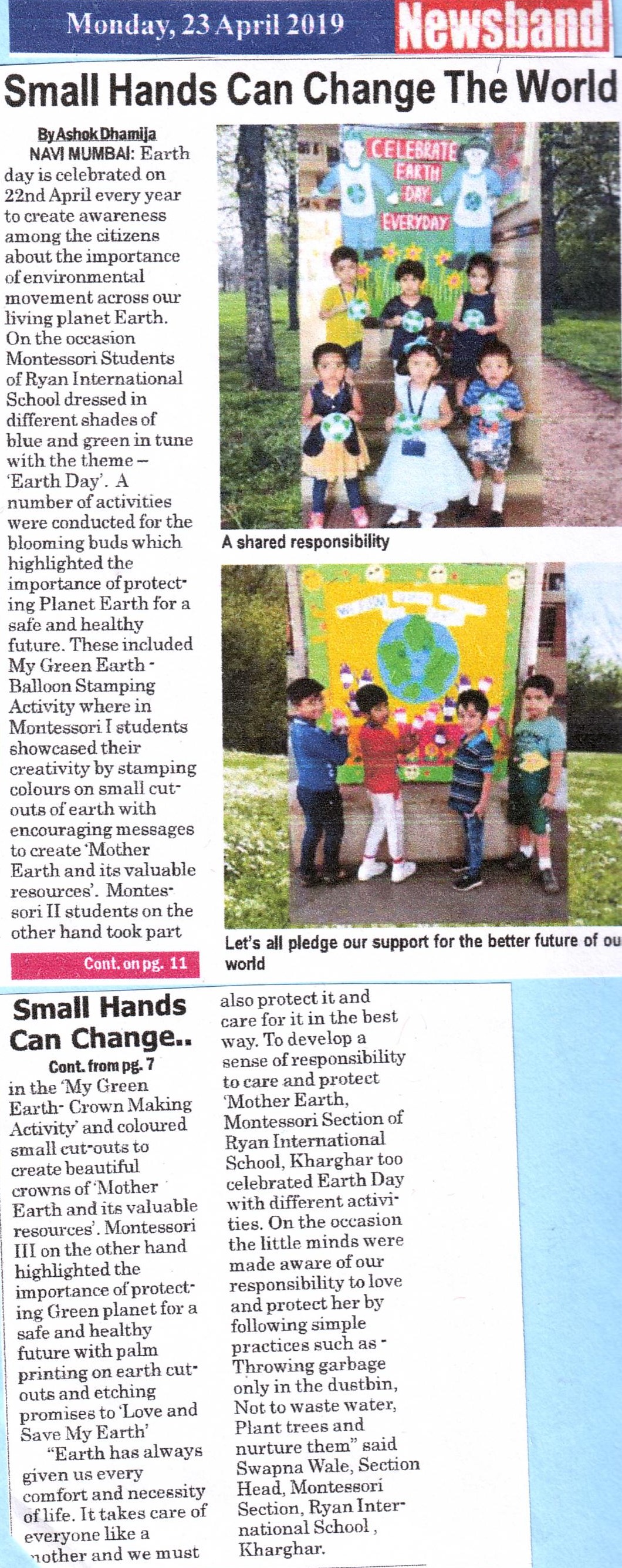 Small hands can change the world was mentioned in Newsband - Ryan International School, Kharghar