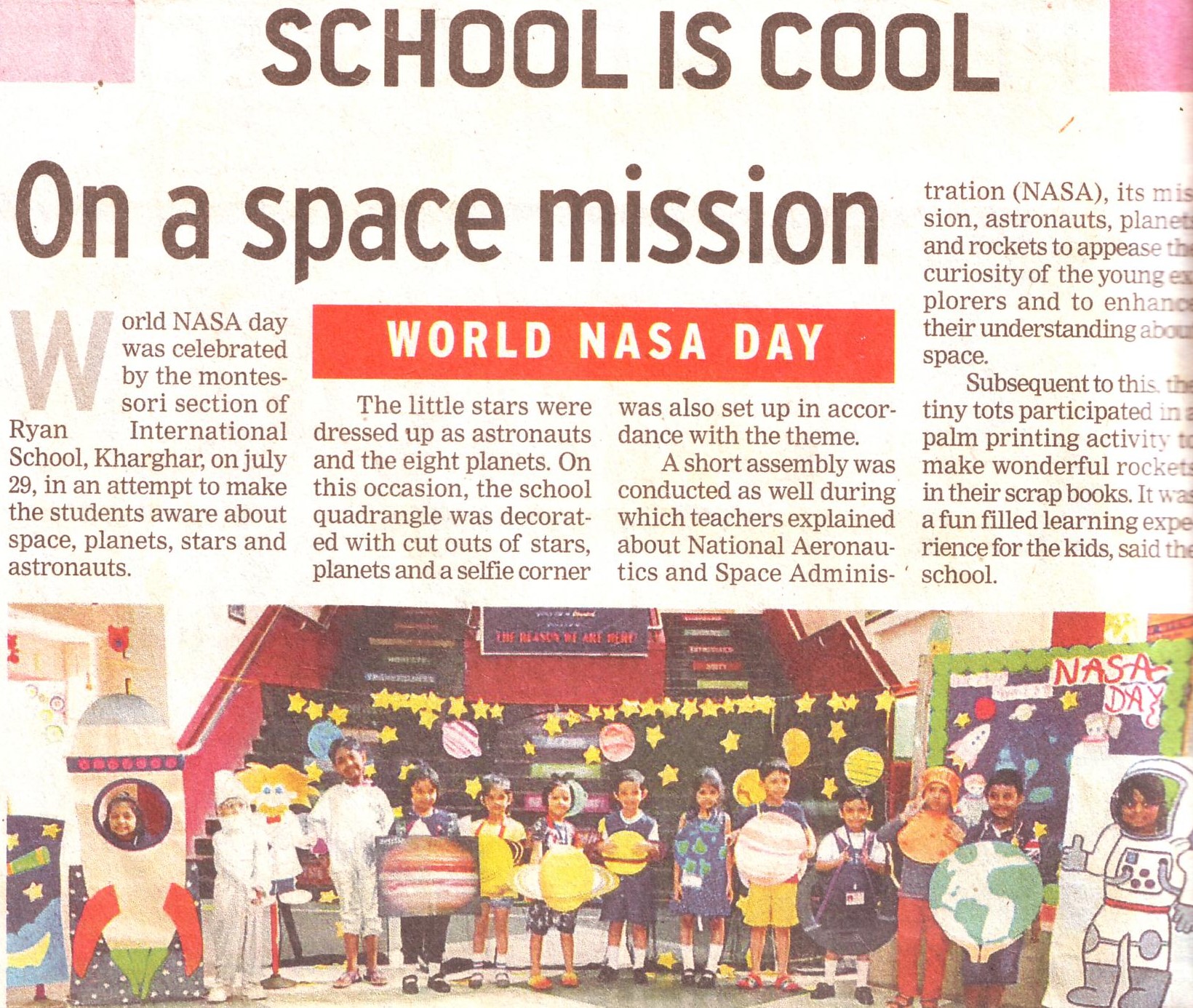 School is cool, on a space mission was mentioned in Times NIE - Ryan International School, Kharghar