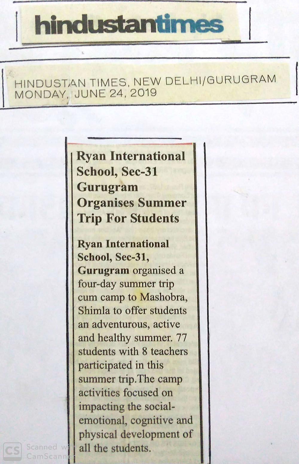 Ryan International School Gurgaon organises summer trip for students - Ryan International School, Sec 31 Gurgaon