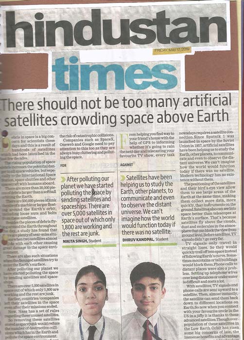 2 Students of ryan International School were featured in HT for their debate about satellites orbiting the earth - Ryan International School Greater Noida - Ryan Group