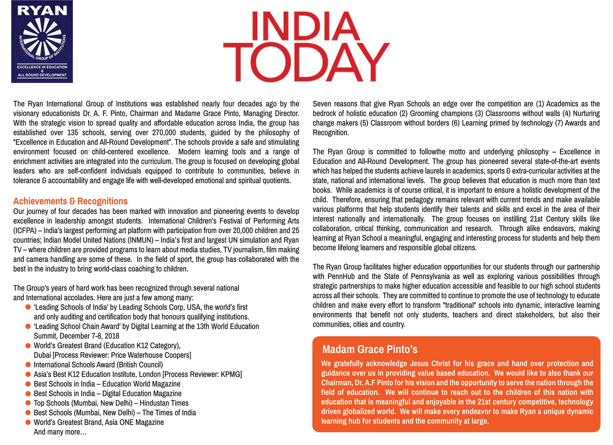 India Today recognizes Dr. Madam Grace Pinto as 'National Builders in the Education Sector'